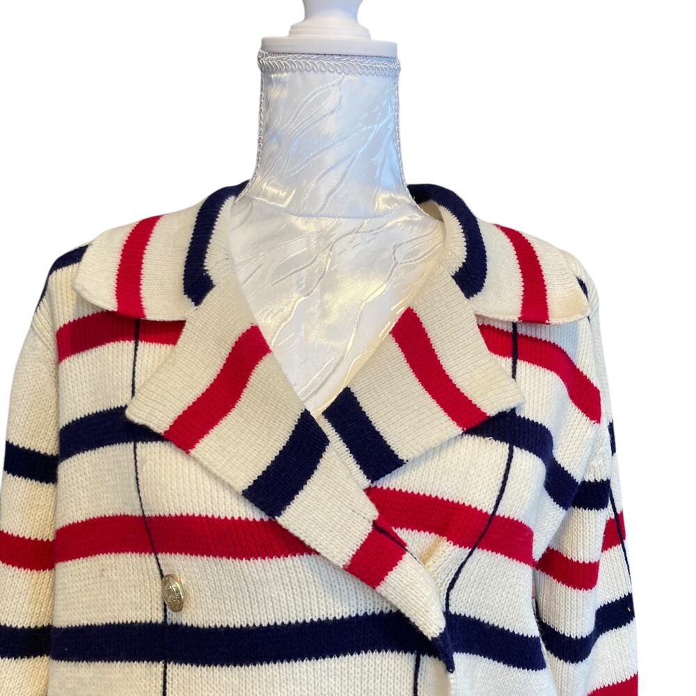 Vintage White Stripe Double Breasted Sweater Jacket Size Medium 50s Nautical - Picture 5 of 16